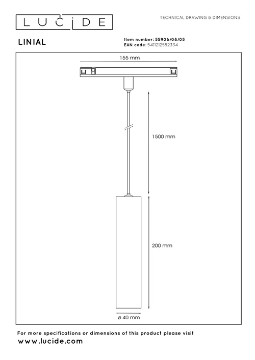 Lucide Premium LINIAL LUXUS Hanglamp - 1-fase Railsysteem / Smart Railverlichting - 1xLED - Champagne - technisch